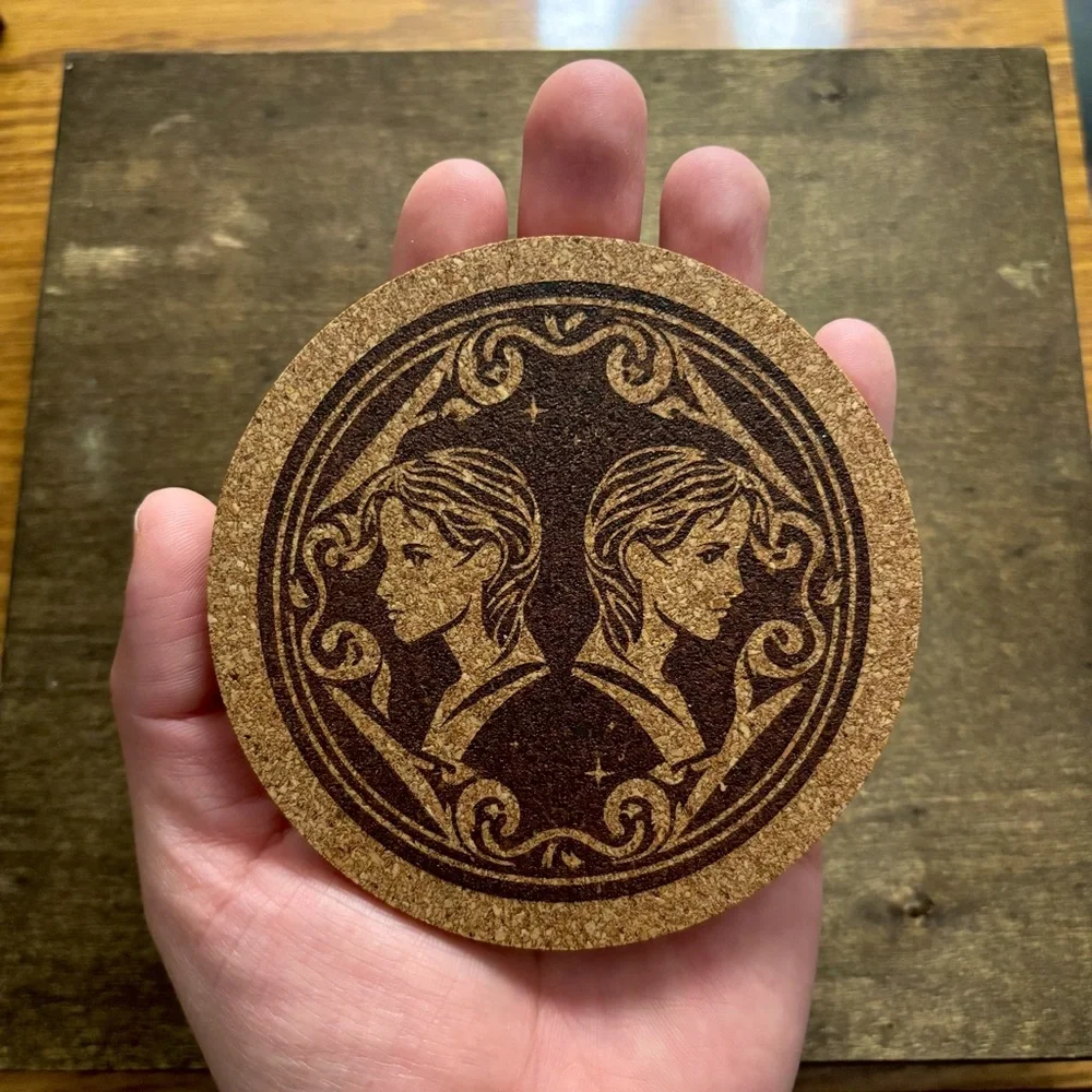 Gemini Artistic Zodiac Design Laser Engraved Cork Coaster